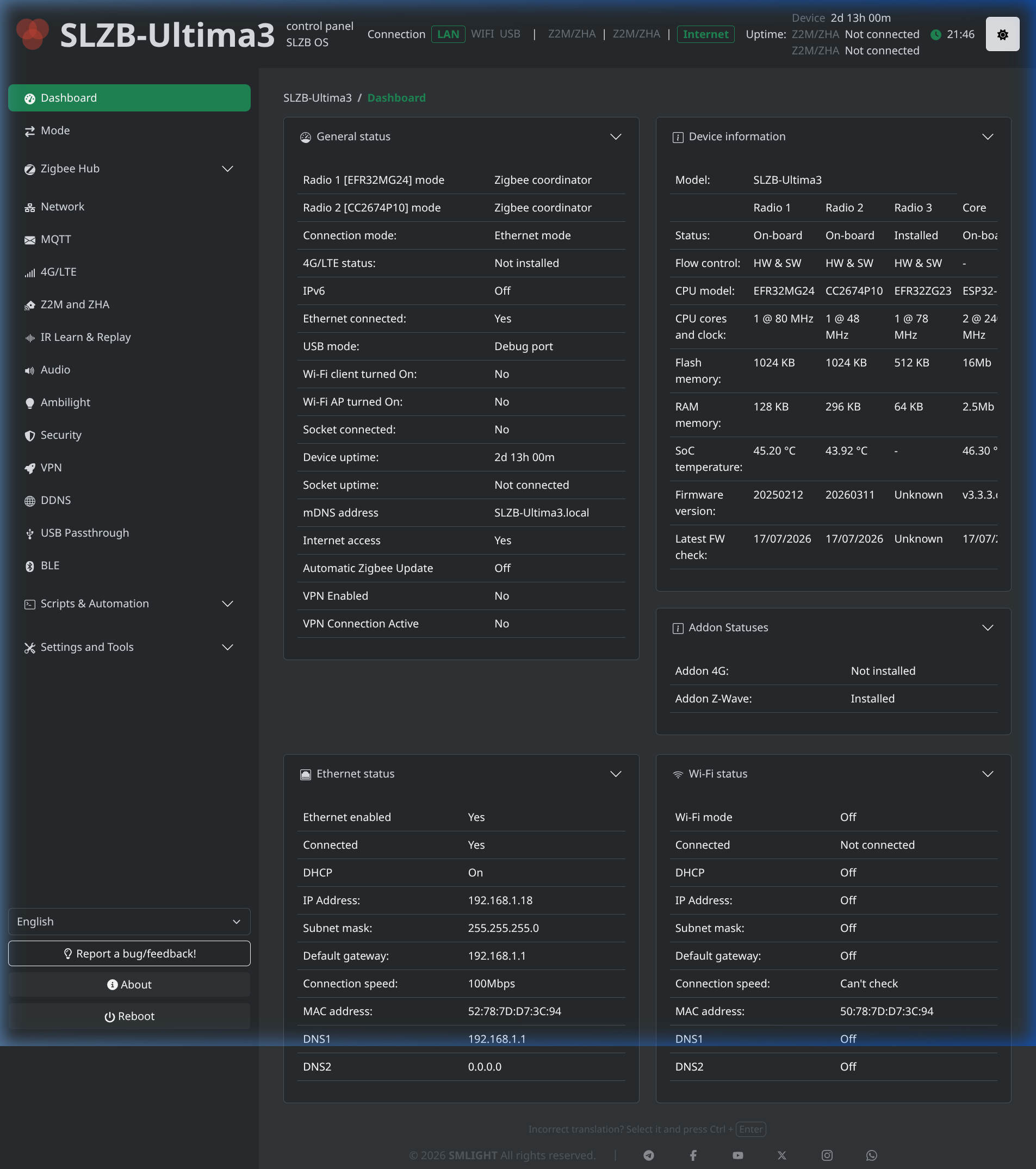 SLZB-OS Main Dashboard